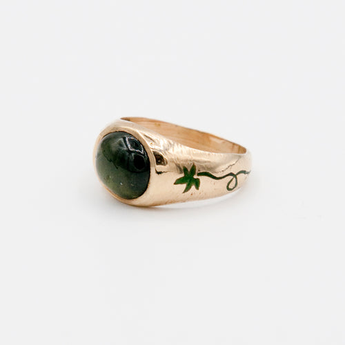 Green Sapphire and Oak Vine Signet Ring